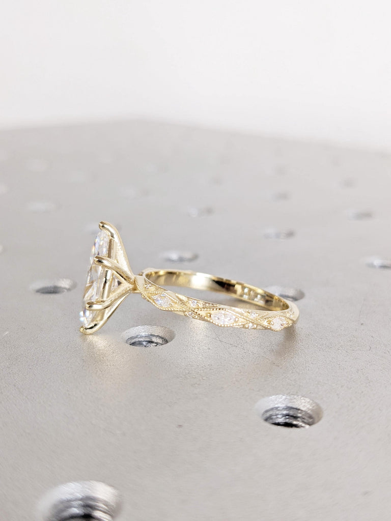 IGI Certified 14K Solid Gold Lab Grown Diamond Engagement Ring, 6-Prong Pave Milgrain Wedding Band