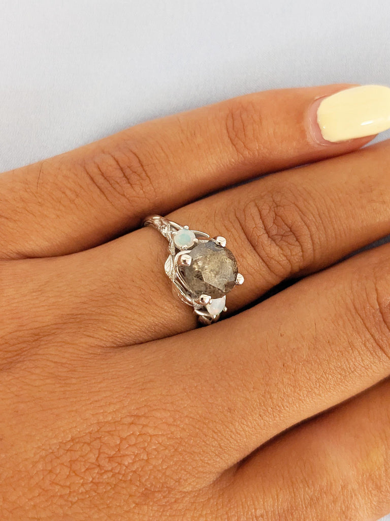 Round Salt and Pepper Diamond Ring, 14k White Gold Engagement Ring, Leaf Ring, Diamond, Natural Opal Ring