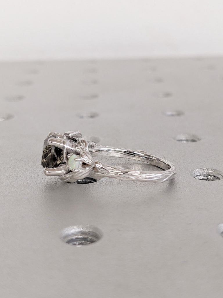 Nature Inspired Salt and Pepper Diamond Engagement Ring, 14k White Gold Ring, Round Cut Diamond and Opal Ring, Three Stone Anniversary Ring