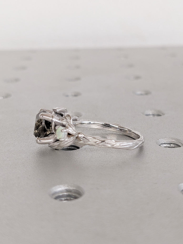 Round Salt and Pepper Diamond Ring, 14k White Gold Engagement Ring, Leaf Ring, Diamond, Natural Opal Ring