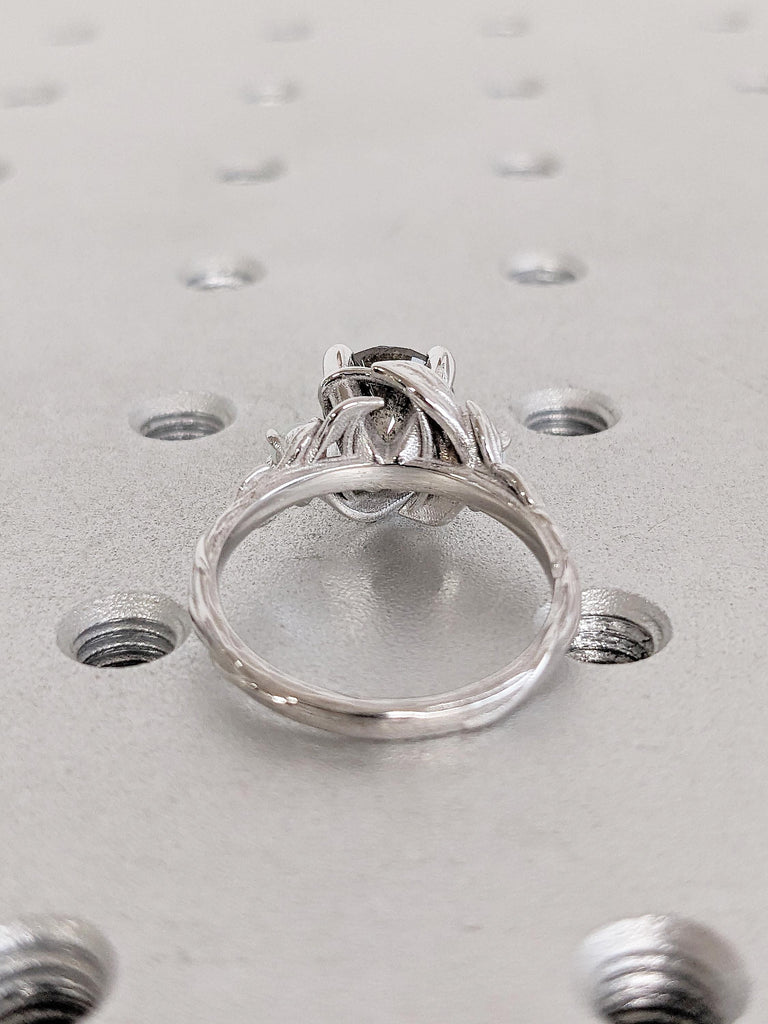 Nature Inspired Salt and Pepper Diamond Engagement Ring, 14k White Gold Ring, Round Cut Diamond and Opal Ring, Three Stone Anniversary Ring
