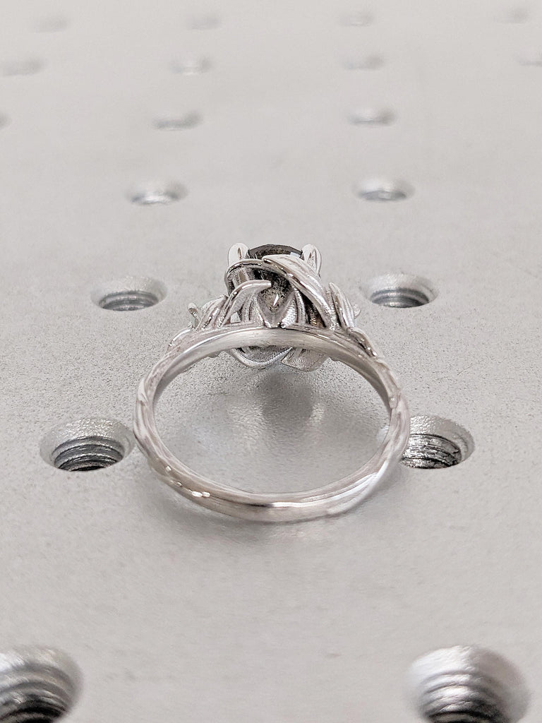 Round Salt and Pepper Diamond Ring, 14k White Gold Engagement Ring, Leaf Ring, Diamond, Natural Opal Ring