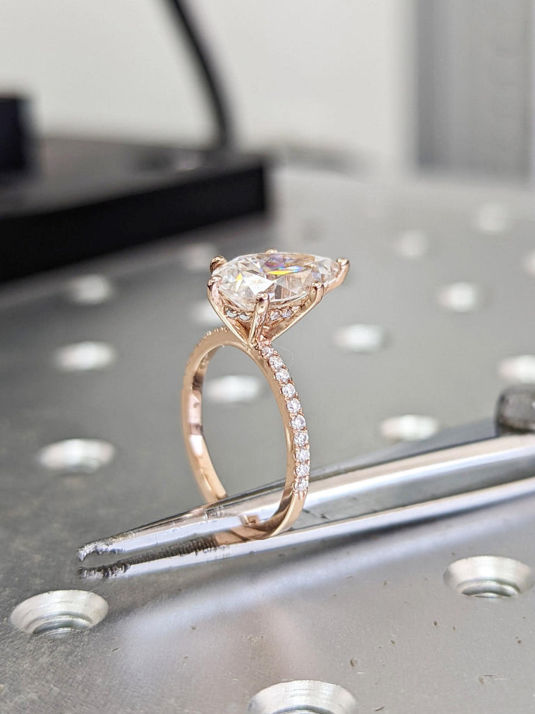 Pear cut Hidden Halo Engagement Ring | 1.5-3 Carat VVS Moissanite Ring | 14k Rose Gold Promise Ring | Half Eternity Ring | Thin Gold Ring