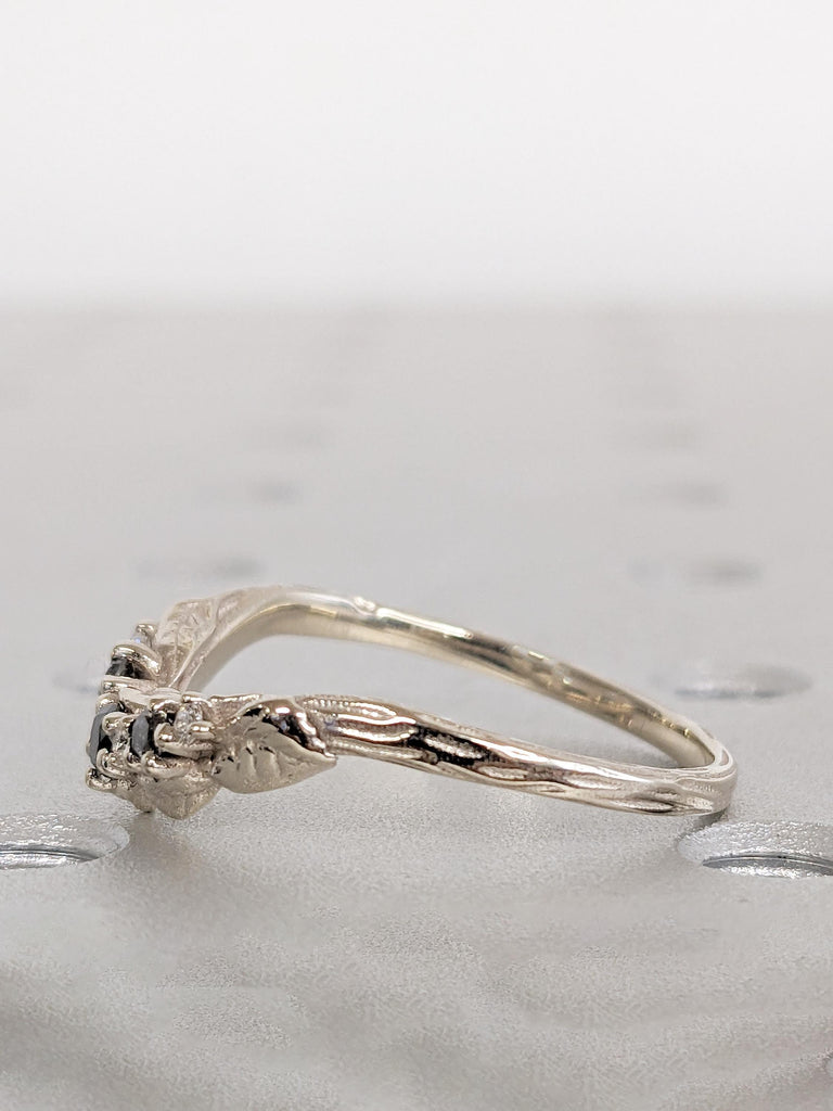 Curved Wedding Band, 14k White Gold Nature Inspired Ring, Black Diamond, Salt and Pepper Diamond Ring, Matching Ring, Stackable Ring for Her