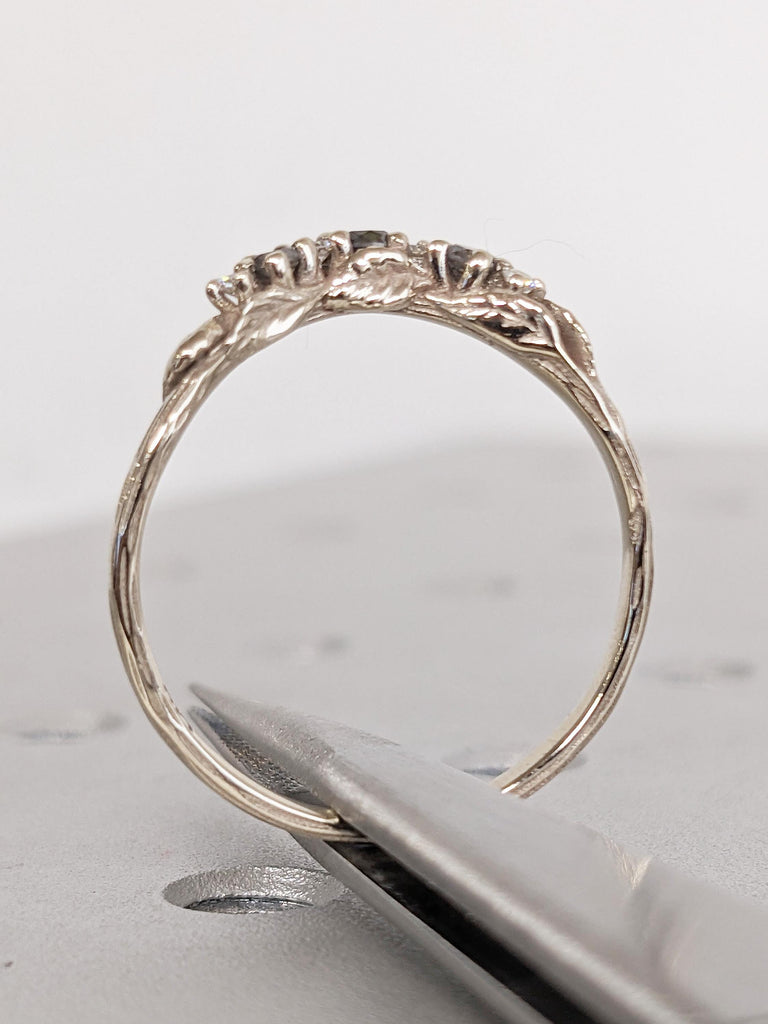 Curved Wedding Band, 14k White Gold Nature Inspired Ring, Black Diamond, Salt and Pepper Diamond Ring, Matching Ring, Stackable Ring for Her