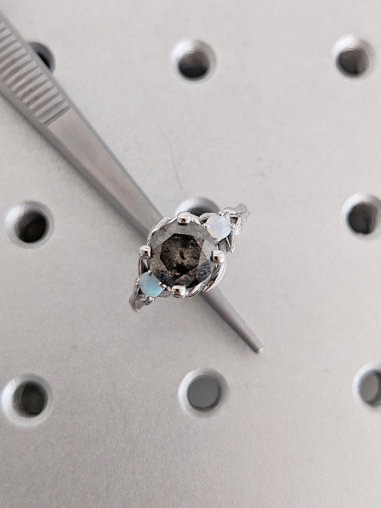 Nature Inspired Salt and Pepper Diamond Engagement Ring, 14k White Gold Ring, Round Cut Diamond and Opal Ring, Three Stone Anniversary Ring