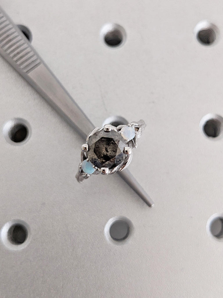 Round Salt and Pepper Diamond Ring, 14k White Gold Engagement Ring, Leaf Ring, Diamond, Natural Opal Ring