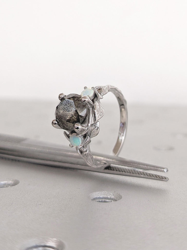 Nature Inspired Salt and Pepper Diamond Engagement Ring, 14k White Gold Ring