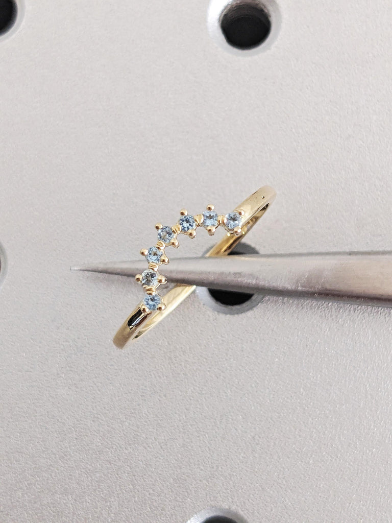 Gold Aquamarine Matching Engagement Ring, Dainty Curved Blue Stone Wedding Band, Pisces Birthstone Ring, Women's Everyday Jewelry