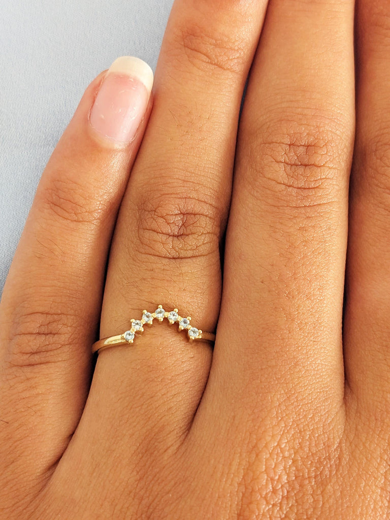 Gold Aquamarine Matching Engagement Ring, Dainty Curved Blue Stone Wedding Band, Pisces Birthstone Ring, Women's Everyday Jewelry