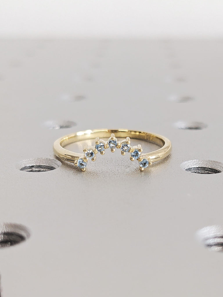 Aquamarine Birthstone Stacking Engagement Ring, Dainty 14K Yellow Gold Curved Aquamarine Wedding Band, Round Customized Gold Ring for Women