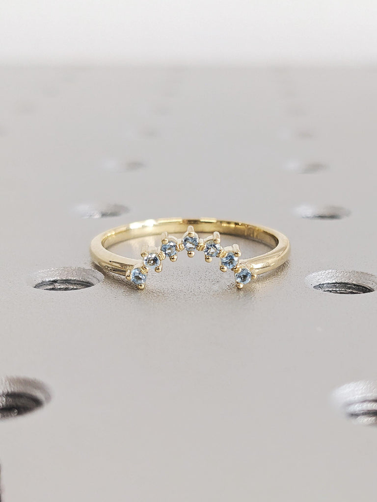 Gold Aquamarine Matching Engagement Ring, Dainty Curved Blue Stone Wedding Band, Pisces Birthstone Ring, Women's Everyday Jewelry