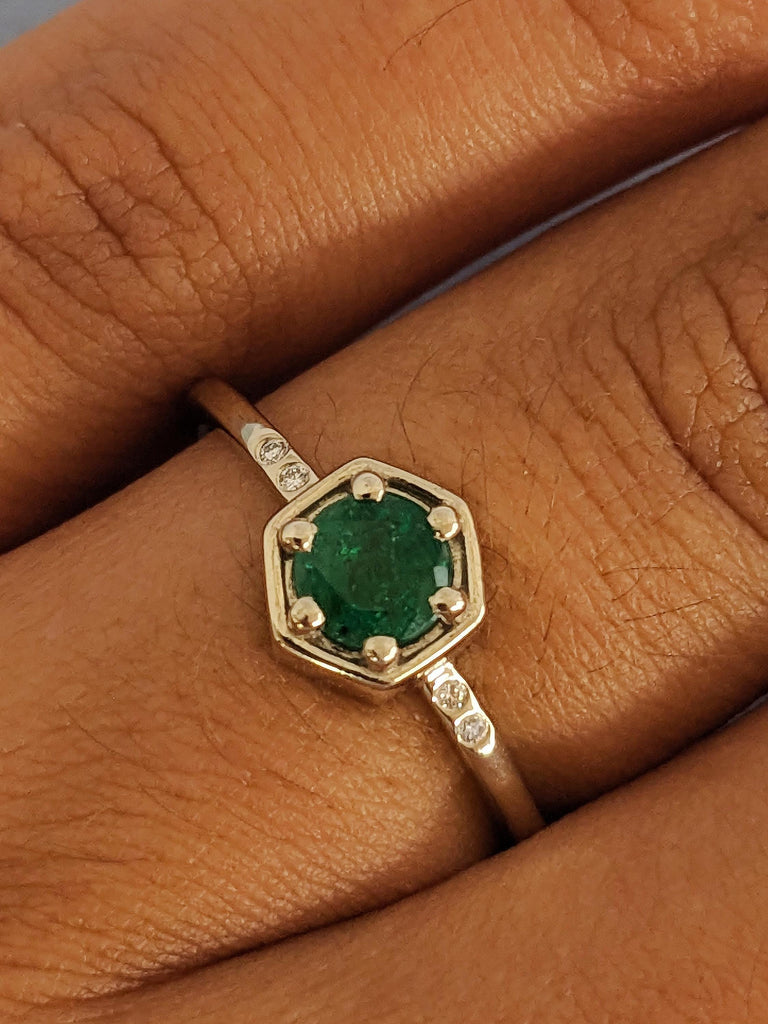 Round Natural Emerald Engagement Ring, Thin 14K Solid White Gold Band, Diamond Bezel Wedding Anniversary Ring, Green Emerald Promise Ring