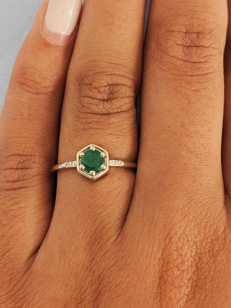 Round Natural Emerald Engagement Ring, Thin 14K Solid White Gold Band, Diamond Bezel Wedding Anniversary Ring, Green Emerald Promise Ring