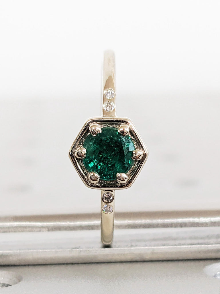 Round Natural Emerald Engagement Ring, Thin 14K Solid White Gold Band, Diamond Bezel Wedding Anniversary Ring, Green Emerald Promise Ring