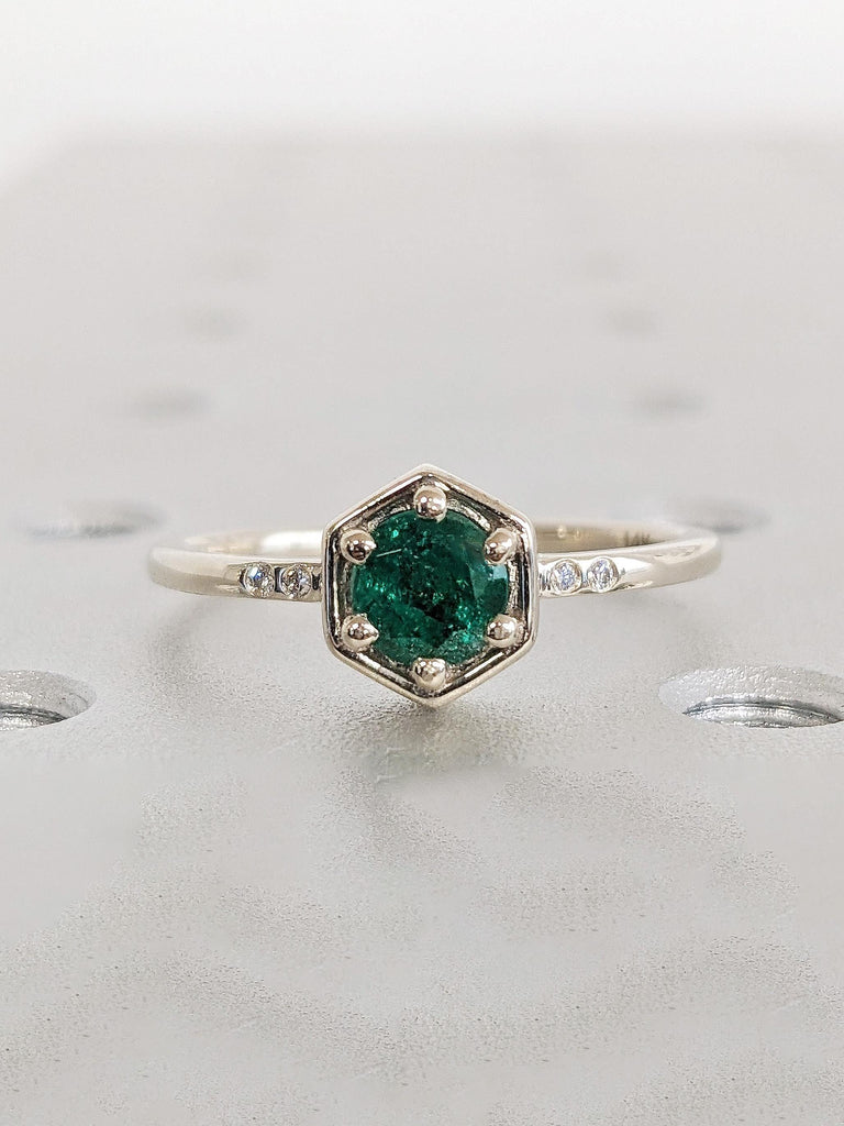 Round Natural Emerald Engagement Ring, Thin 14K Solid White Gold Band, Diamond Bezel Wedding Anniversary Ring, Green Emerald Promise Ring