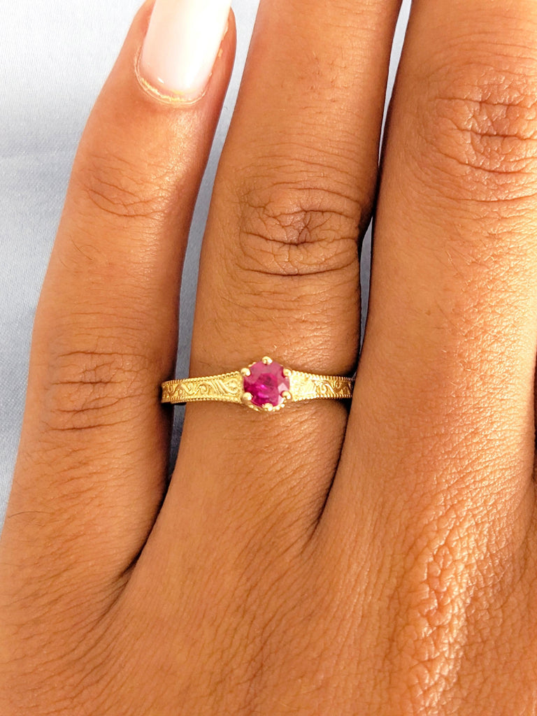 14K Yellow Gold Ruby Engagement Ring, Vintage Milgrain Ruby Wedding Ring, July Birthstone Ring