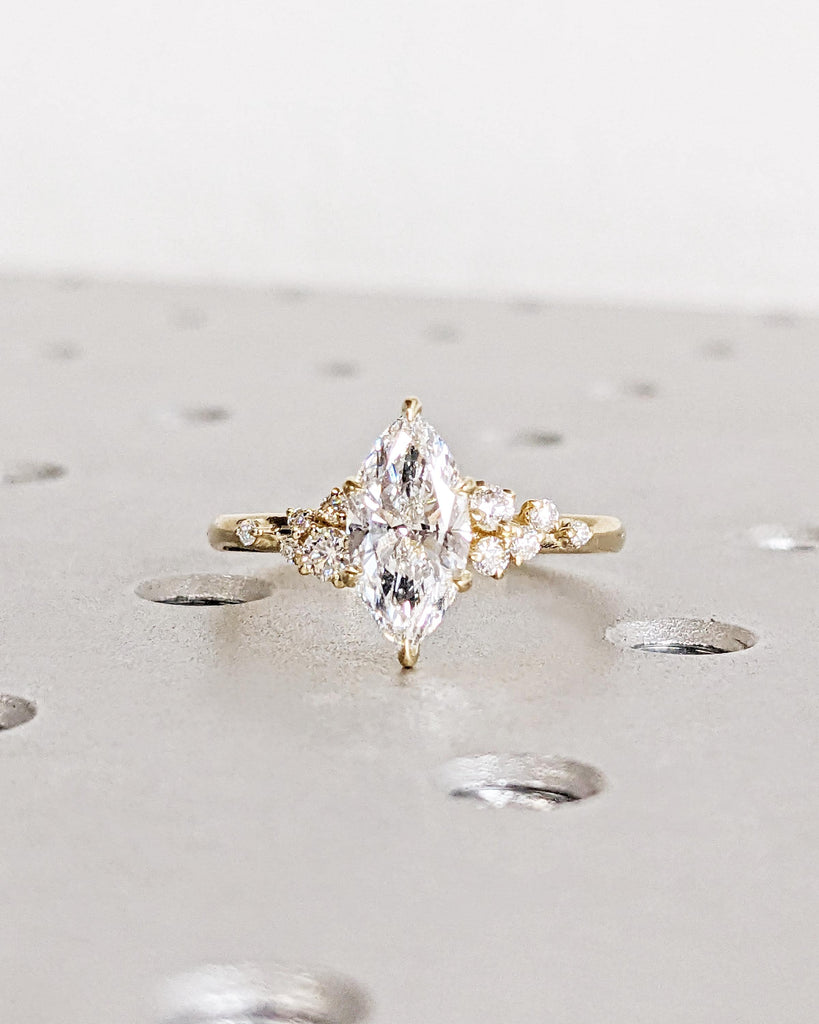 Marquise Cut Moissanite Ring, Art Deco Marquise Engagement Ring, Unique Promise Ring, Snowdrift Diamond Cluster Ring, 14K Dainty Bridal Ring