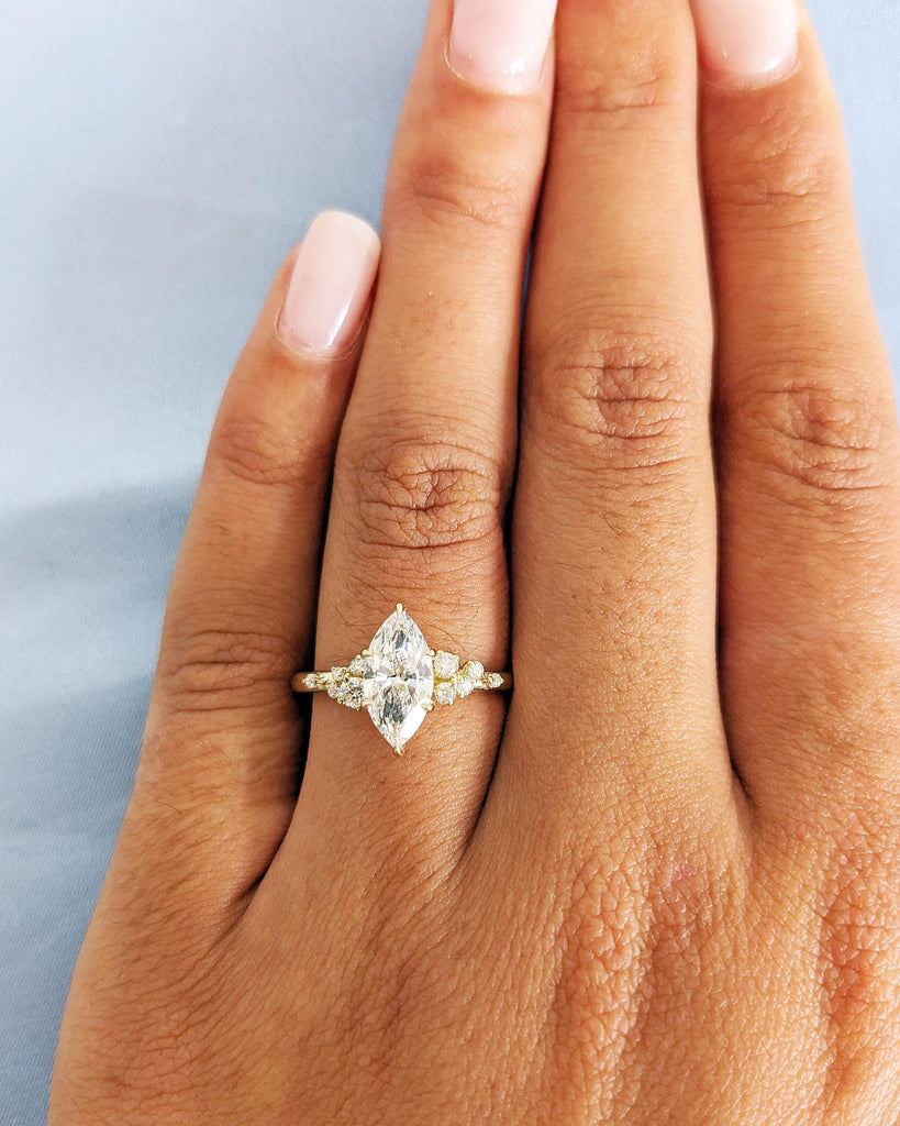 Marquise Cut Moissanite Ring, Art Deco Marquise Engagement Ring, Unique Promise Ring, Snowdrift Diamond Cluster Ring, 14K Dainty Bridal Ring