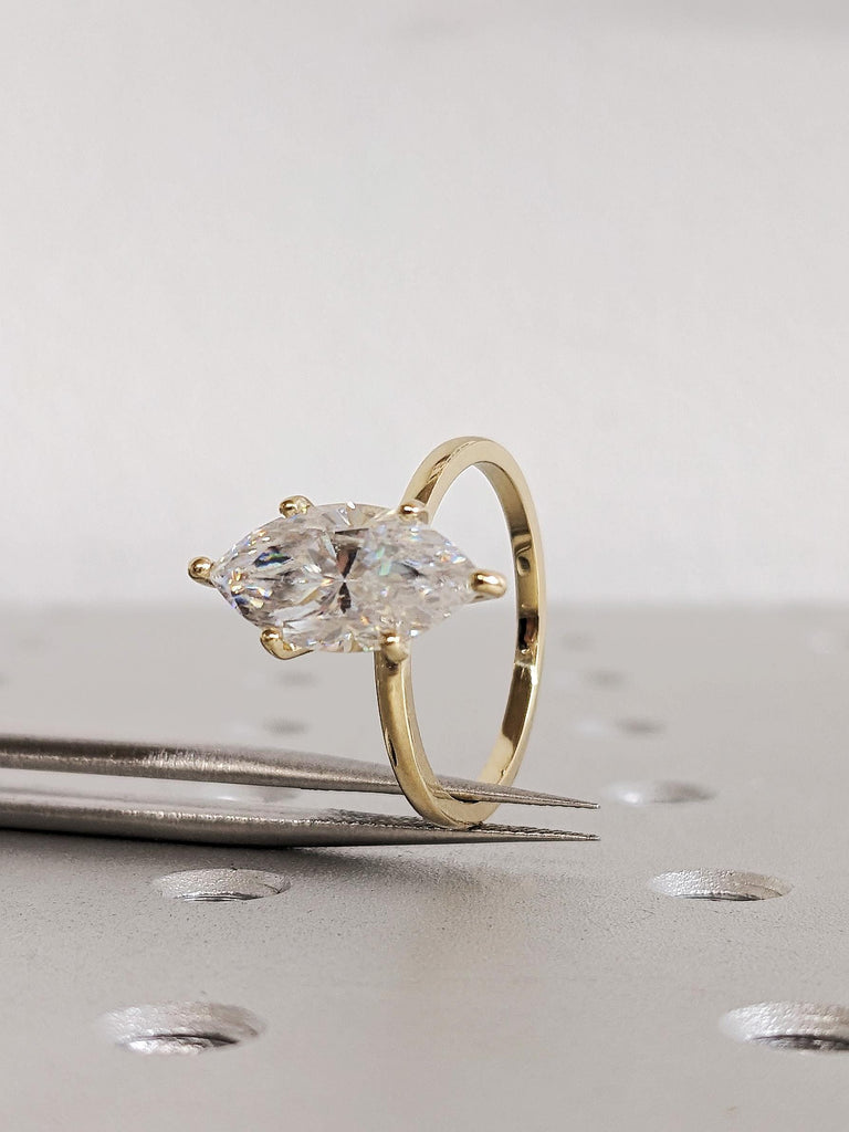 Marquise Cut Lab Grown Diamond Engagement Ring, Custom Solitaire Yellow Gold Wedding Band, Sustainable Diamond Jewelry