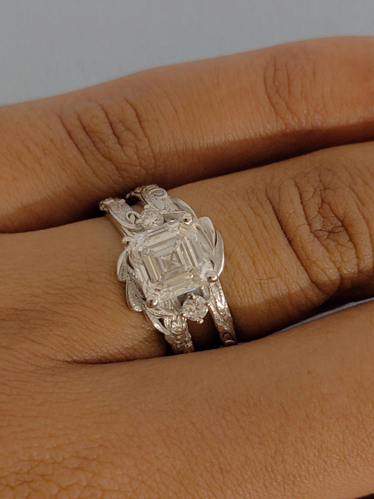 Vintage Moissanite Engagement Ring, 18k White Gold Asscher Cut Ring, Personalized Statement Ring, Antique Style Moissanite Ring, Nature Ring