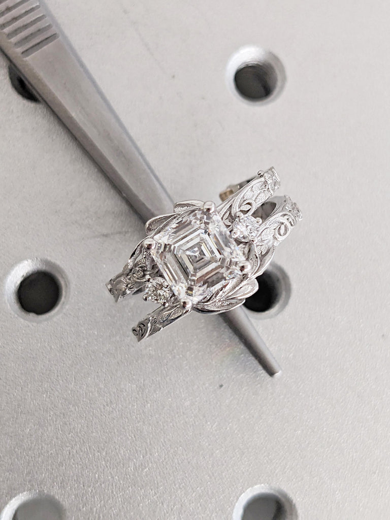 Art Deco Lab Grown Diamond Engagement Ring, White Gold Ring, Asscher Cut Ring, Antique Ring