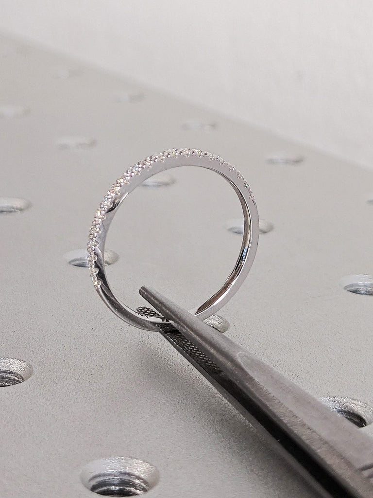 Dainty 14K Solid White Gold Comfort Fit Eternity Ring, Delicate Round Diamond Half Eternity Band, Micro Pavé Diamond Stacking Wedding Ring