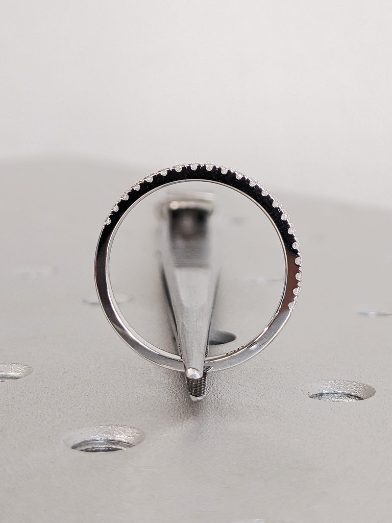 Dainty 14K Solid White Gold Comfort Fit Eternity Ring, Delicate Round Diamond Half Eternity Band, Micro Pavé Diamond Stacking Wedding Ring