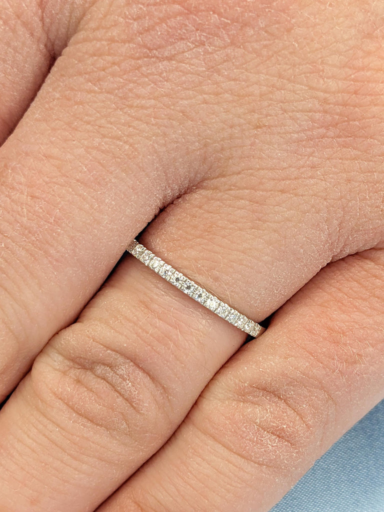 Dainty 14K Solid White Gold Comfort Fit Eternity Ring, Delicate Round Diamond Half Eternity Band, Micro Pavé Diamond Stacking Wedding Ring
