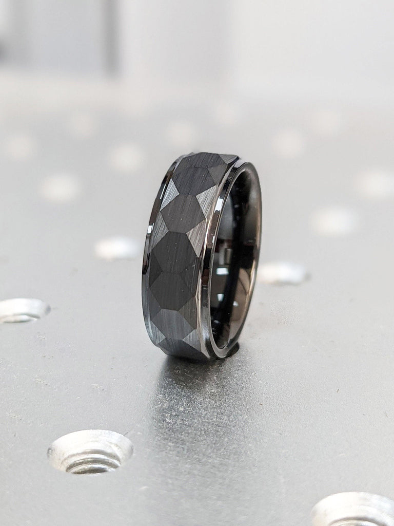 7mm Tungsten Male Wedding Bands | Hammered Comfort Fit Wedding Band | Black Tungsten Carbide Rings | Rustic Mens Ring | 7MM Wide Black Ring