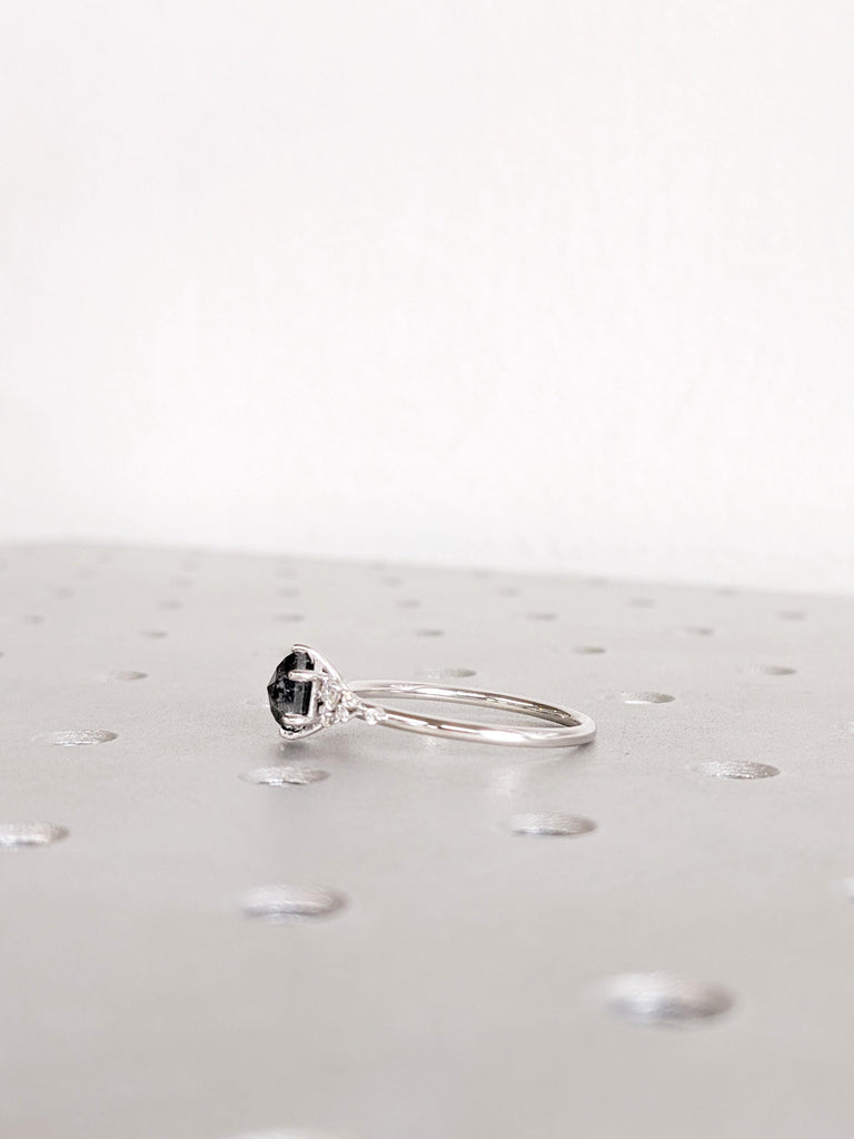 Hexagon Salt and Pepper Diamond Engagement Ring, 14K White Gold Diamond Cluster Ring, Unique Diamond Wedding Ring