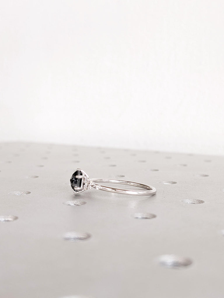 Hexagon Salt and Pepper Diamond Engagement Ring, 14K White Gold Wedding Ring, Snowdrift Diamond Cluster Ring, Unique Promise Ring For Her