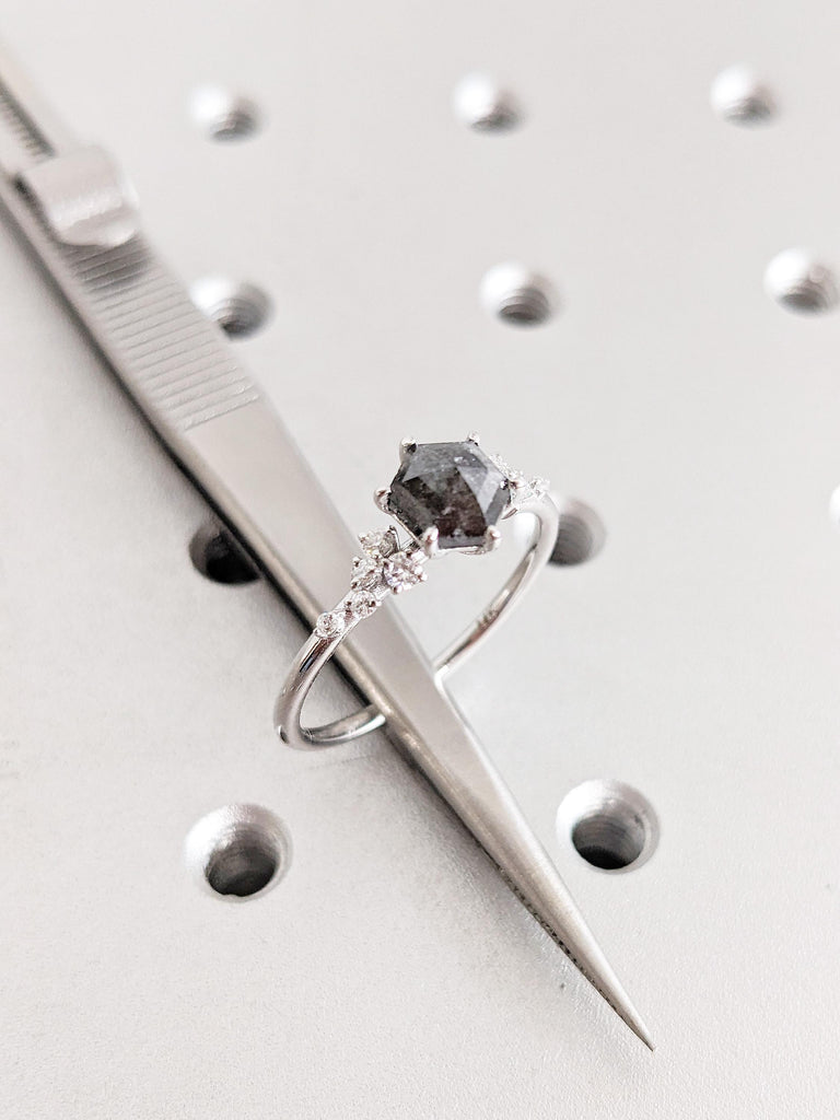 Hexagon Salt and Pepper Diamond Engagement Ring, 14K White Gold Diamond Cluster Ring, Unique Diamond Wedding Ring
