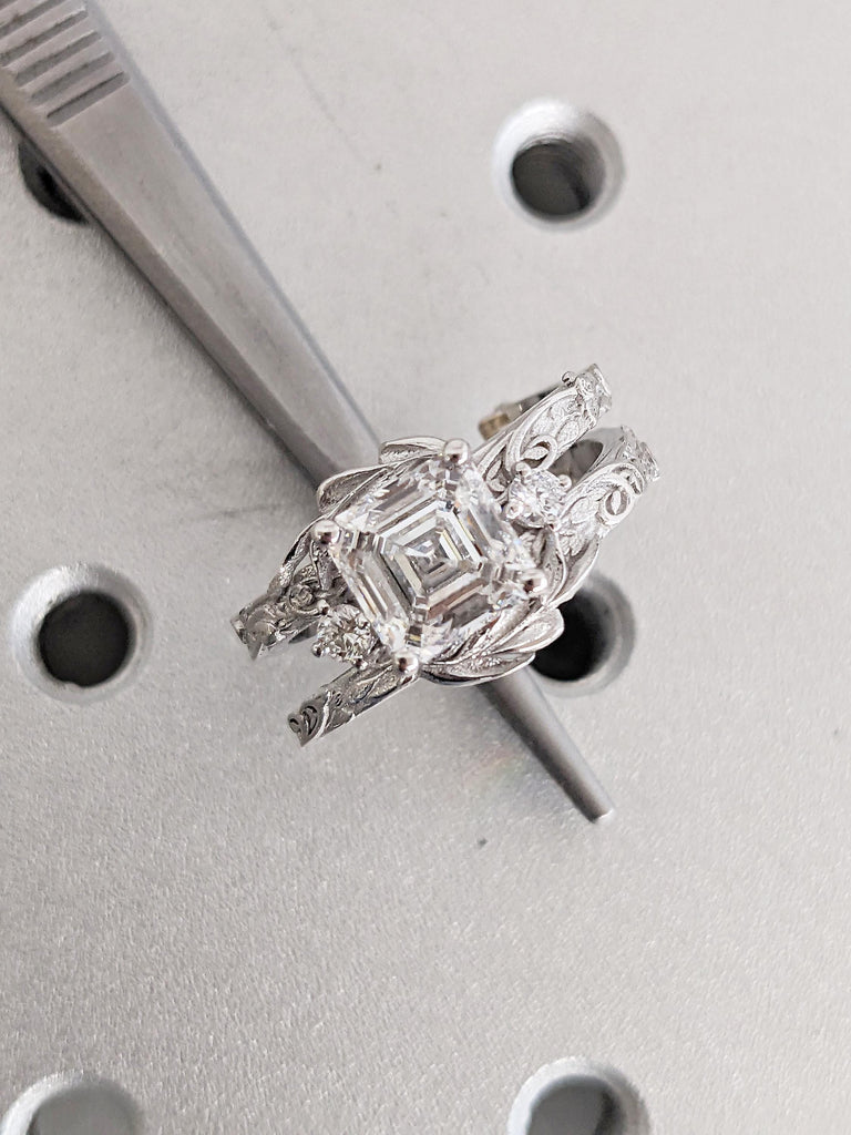 Antique Asscher Cut Ring, Nature Inspired Moissanite Ring, Floral Ring, 18k White Gold Ring