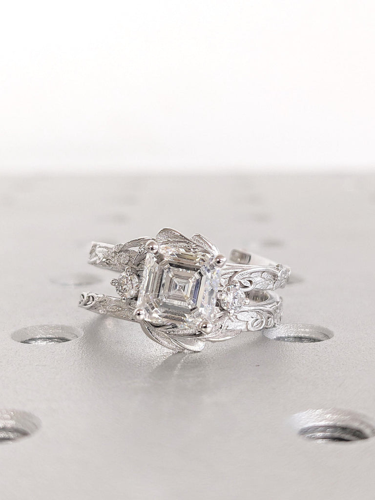 Art Deco Lab Grown Diamond Engagement Ring, White Gold Ring, Asscher Cut Ring, Antique Ring