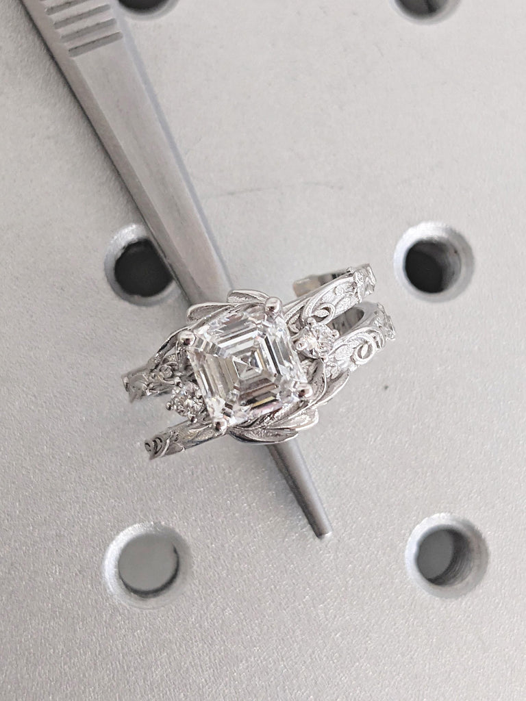 Asscher Cut Lab Grown Diamond Ring, Vintage Engagement Ring, 14k/18k White Gold Antique Jewelry, Handmade Rings for Women, Lab Diamond Ring