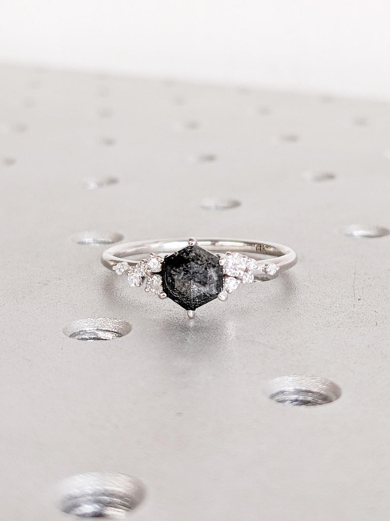 Hexagon Salt and Pepper Diamond Engagement Ring, 14K White Gold Wedding Ring, Snowdrift Diamond Cluster Ring, Unique Promise Ring For Her