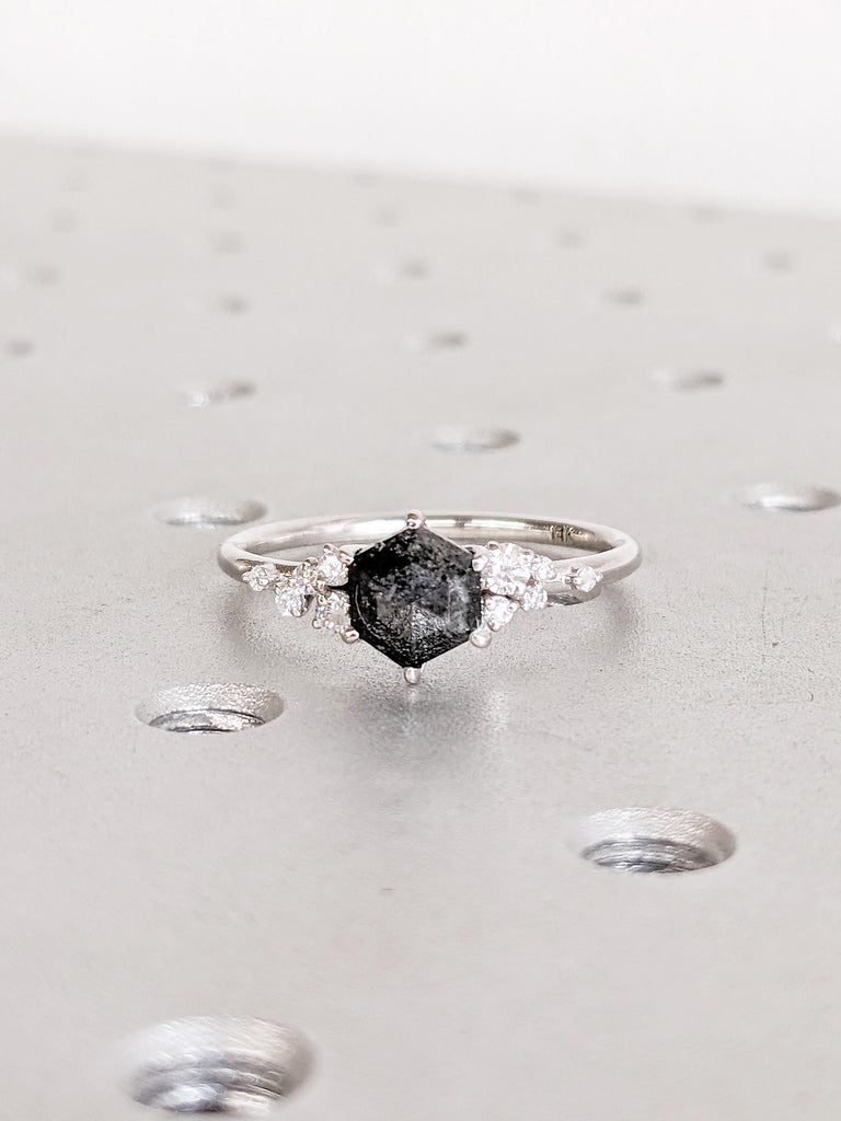 Hexagon Salt and Pepper Diamond Engagement Ring, 14K White Gold Diamond Cluster Ring, Unique Diamond Wedding Ring