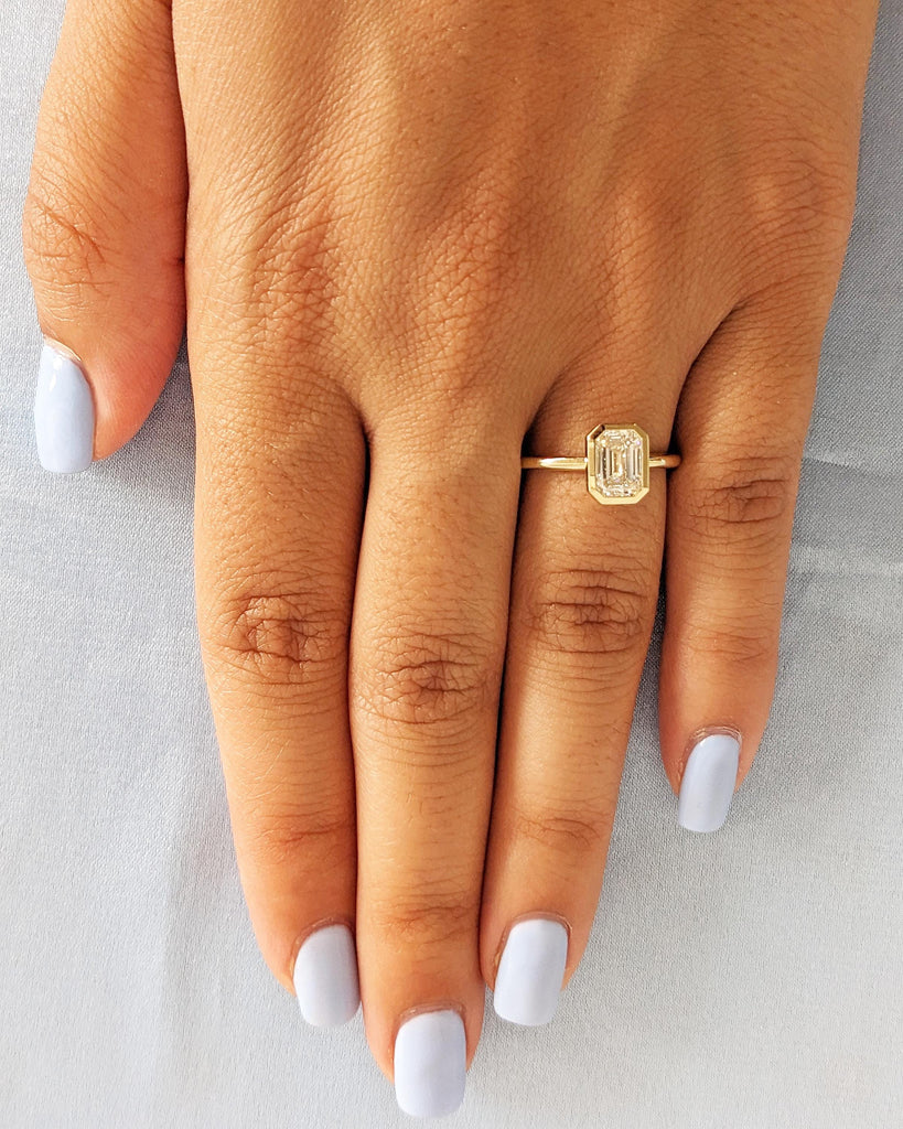Emerald Cut Moissanite Solitaire Ring / 14K Yellow Gold Engagement Ring / Bezel Setting / Statement Ring / Wedding Anniversary Gift For Her