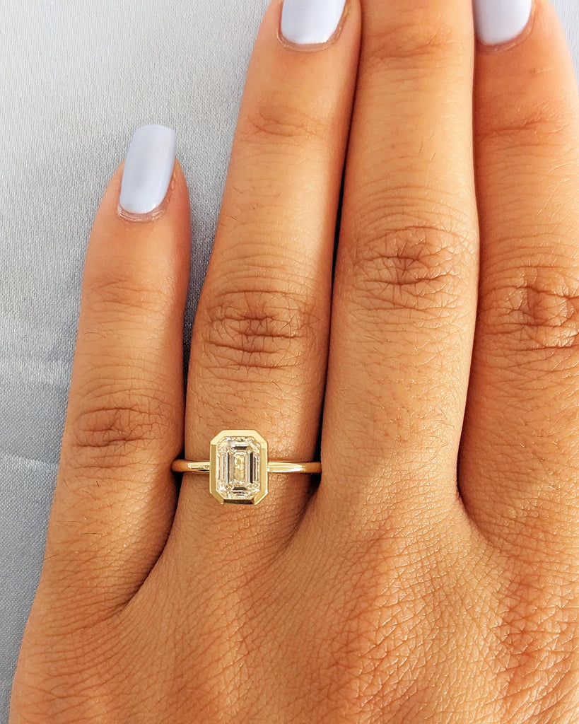 Emerald Cut Moissanite Solitaire Ring / 14K Yellow Gold Engagement Ring / Bezel Setting / Statement Ring / Wedding Anniversary Gift For Her