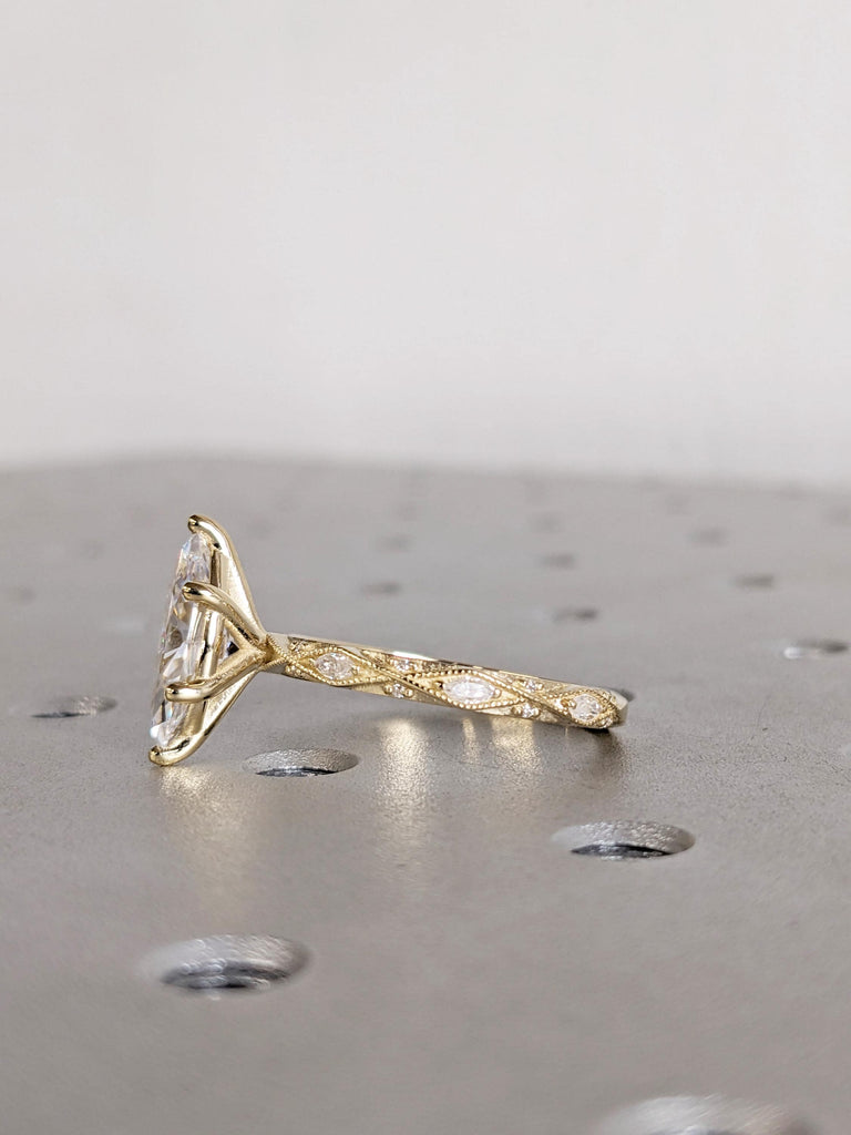 Unique Moissanite Engagement Ring, 14K Solid Yellow Gold Art Deco Marquise Ring, Milgrain Ring For Women, Wedding Ring For Her, Fine Jewelry