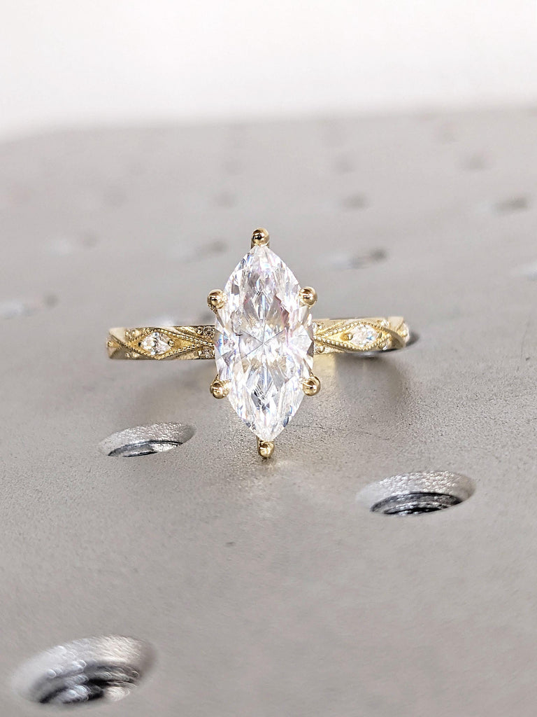 2ct Marquise Lab Grown Diamond Engagement Ring, Prong Set Milgrain 14K Yellow Gold Wedding Ring