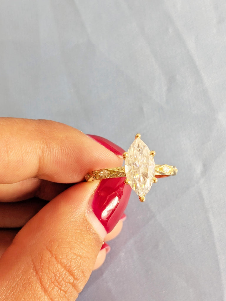 2ct Marquise Lab Grown Diamond Engagement Ring, Prong Set Milgrain 14K Yellow Gold Wedding Ring
