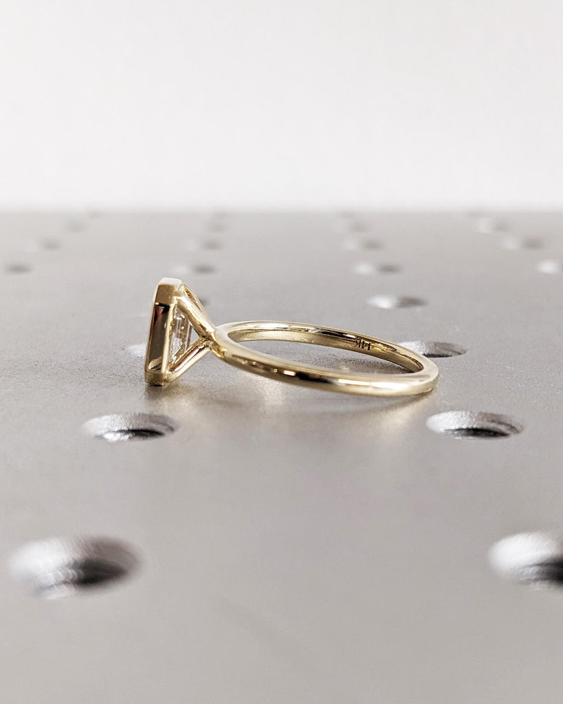 Emerald Cut Lab Created Diamond Engagement Ring - 14K Yellow Gold, Bezel Setting, CVD Diamond Art Deco Ring, Minimalist Solitaire Ring