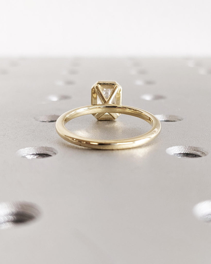 Emerald Cut Lab Created Diamond Engagement Ring - 14K Yellow Gold, Bezel Setting, CVD Diamond Art Deco Ring, Minimalist Solitaire Ring
