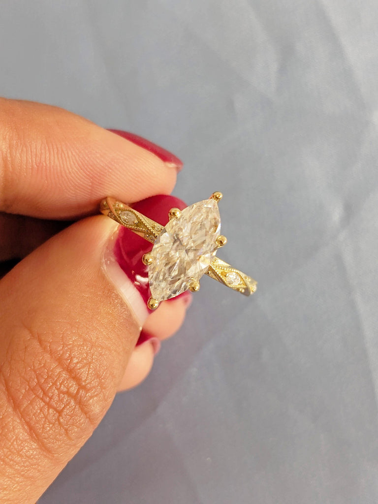 2ct Marquise Lab Grown Diamond Engagement Ring, Prong Set Milgrain 14K Yellow Gold Wedding Ring
