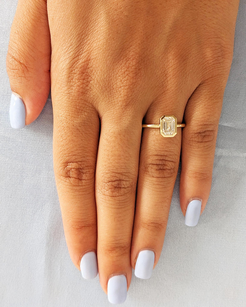 Emerald Cut Lab Created Diamond Engagement Ring - 14K Yellow Gold, Bezel Setting, CVD Diamond Art Deco Ring, Minimalist Solitaire Ring