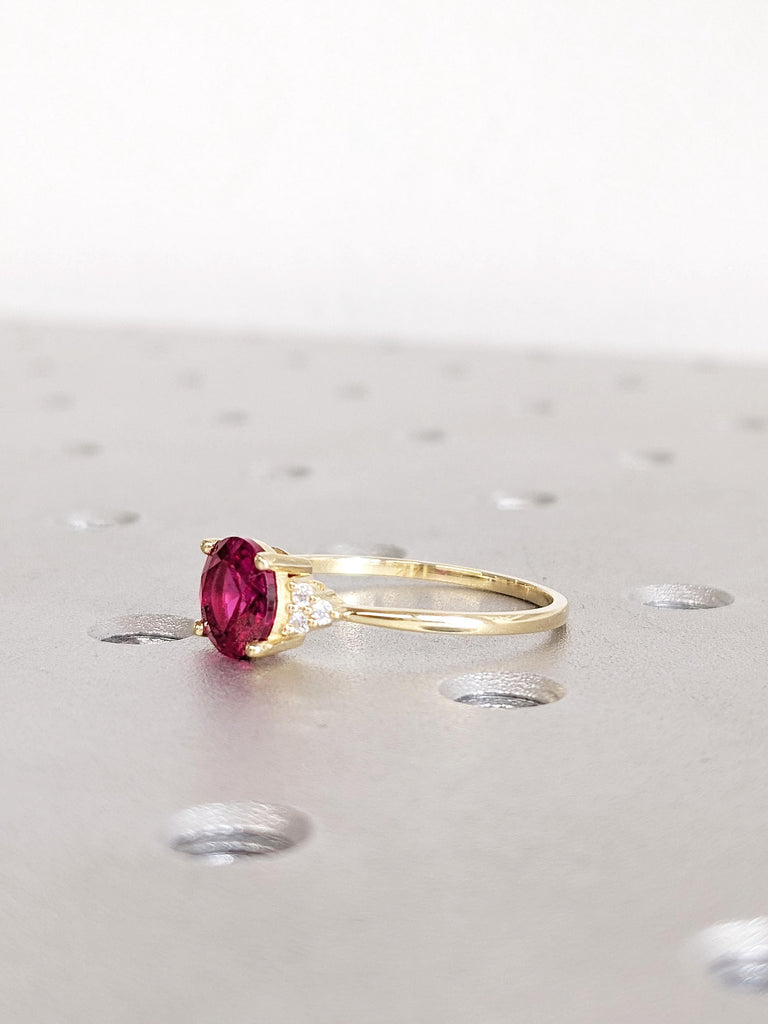 Round Lab Grown Ruby Engagement Ring, 14K Yellow Gold Diamond Cluster Birthstone Ring, Vintage Inspired Ruby Jewelry, Ruby Ring Gift For Her