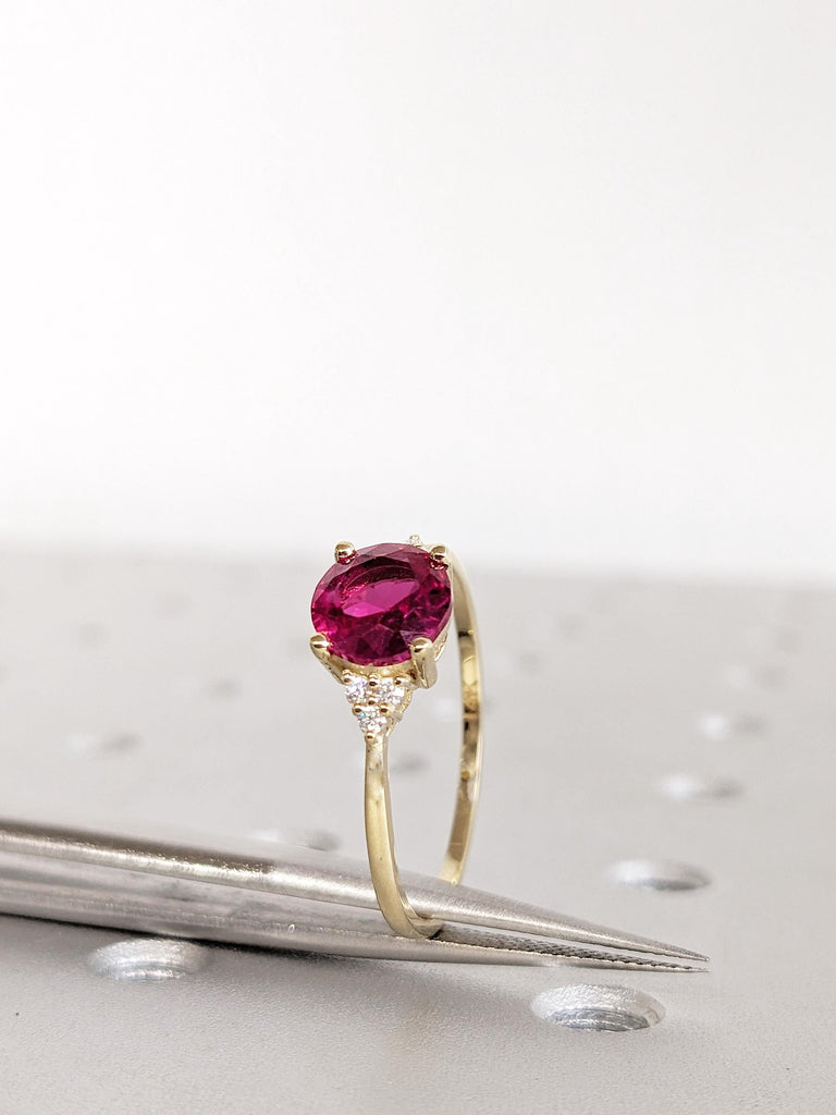 Round Lab Grown Ruby Engagement Ring, 14K Yellow Gold Diamond Cluster Birthstone Ring, Vintage Inspired Ruby Jewelry, Ruby Ring Gift For Her