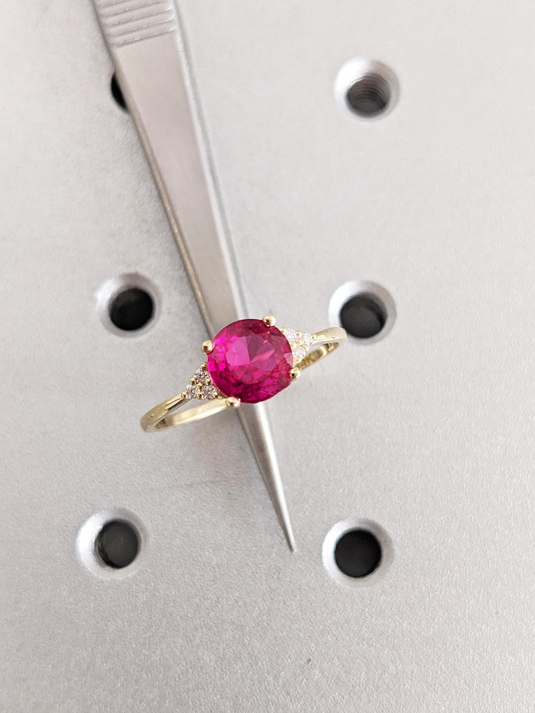 Round Lab Grown Ruby Engagement Ring, 14K Yellow Gold Diamond Cluster Birthstone Ring, Vintage Inspired Ruby Jewelry, Ruby Ring Gift For Her